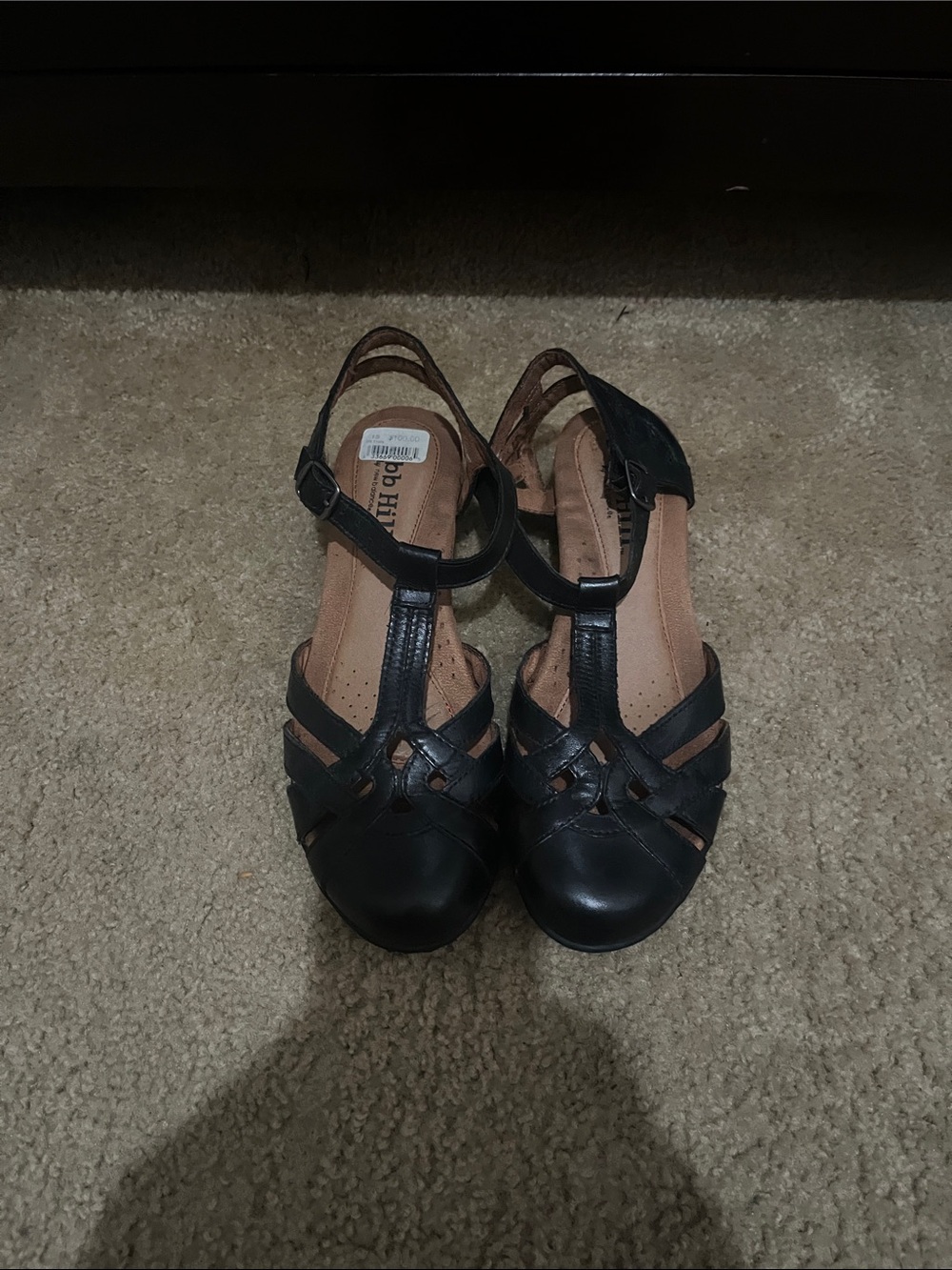Cobb Hill Black T-Strap Closed-Toe Wedge Sandals
